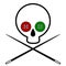 Icon skull voodoo. Skull with eye sockets sewn into place with colored buttons. Crossed needle. White background. Isolated. Vector