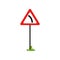 Icon of triangular warning sign dangerous turn left. Flat vector element for book of traffic rules, mobile app or