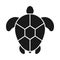 Icon turtle of black. Silhouette of tortoise symbol. Logo animal aquatic. Top view shell of reptile isolated on white. Monochrome.