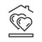 Icon of two hearts standing one after another. A simple image of hearts under the roof of a house. Isolated vector on