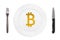 Icon of virtual electronic gold money of bitcoin served on white empty plate. Concept.