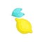 Icon yellow lemon with blue leafs. Vector yellow funny lemon with decorative leaf. Sour citrus, draw icon yellow lemon