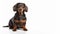 Iconic appearance of Dachshund Dog, sitting pose on isolated white background