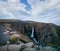 Iconic basaltic double waterfall panorama in Iceland
