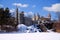 Iconic Belvedere castle over the frozen lake in Central Park