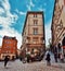 Iconic buliding of the vieux Lyon district, view from one of the oldest street in Lyon, France