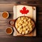 Iconic Canadian Delicacies: Poutine and Maple Syrup Flat Lay Scene