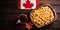 Iconic Canadian Delicacies: Poutine and Maple Syrup Flat Lay Scene