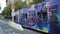 Iconic city tram traveling along Swanston Street