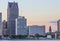 Iconic Detroit Waterfront Builidings along the Detroit River at dusk.