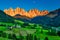 Iconic Dolomites mountain landscape in Santa Maddalena, Funes valley