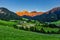 Iconic Dolomites mountain landscape in Santa Maddalena, Funes valley, Italy