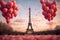 The iconic Eiffel Tower stands tall and majestic, enveloped by a vibrant sea of delicate pink balloons, Heart balloons floating
