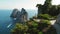 Iconic Faraglioni rocks viewed from a hiking trail on Capri. A lone observer woman takes in the splendor of the towering