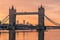 The iconic historical Tower Bridge in London at dusk