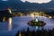 The iconic Lake Bled with St. Mary's Church and the mountains against the cool autumn morning sky, Slovenia, Europe.