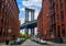 Iconic Manhattan Bridge and Empire State Building view from Washington Street in Brooklyn, New York