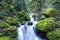 Iconic Moss covered rocks at stream in Oregon, Columbia River Gorge popular with tourists