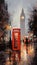 Iconic red phone booth rain-soaked London vibrant color