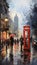 Iconic red phone booth rain-soaked London vibrant color painting