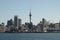 Iconic skyline on urban harbor shore in CBD. Coastal cityscape of skyscrapers in Auckland downtown, New Zealand