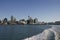 Iconic skyline on urban harbor shore in CBD. Coastal cityscape of skyscrapers in Auckland downtown, New Zealand