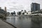 Iconic skyline on urban shore in CBD. Coastal cityscape of skyscrapers on Yarra River, South Wharf, Melbourne, Victoria, Australia