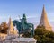 Iconic statue of St Stephen, lit by the golden sun in the historic city of Budapest, Hungary