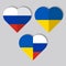 Icons Against the War. Illustration with flags of two countries in the shape of hearts, Russia and Ukraine