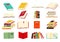 Icons of books vector set in a flat design style. Books in a stack, open, in a group, closed, on the shelf. Reading