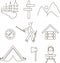 Icons camping hiking, trekking, backpacking. Thin black lines on a white background