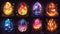 Icons of dragon eggs with glowing sparkles and mysterious haze. Dinosaur and reptile gui assets set. Magic colorful