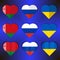 Icons of the flags of Belarus, Russia and Ukraine in the form of hearts in different styles and designs.Vector illustration