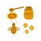 Icons with honey. Bee, jar, honeycomb, spoon. Vector