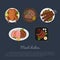 Icons of meat dishes on a plate in cartoon style. Top view. Restaurant menu. Grilled food