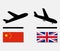 icons plane departure from China and upon arrival in UK. aircraft with flags of different countries. concept of international