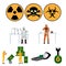 Icons and scientists with a radioactive, bacteriological, chemical theme.