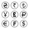 Icons set of currencies of the world. Dollar, euro, pounds, francs, rupees, yen