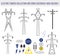 Icons set with electric towers isolated on white background.