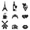 Icons set French Cuisine and culture. Vector black Paris icons set.