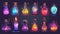 Icons set of witch poison gui or ui game assets, alchemist apothecary vials with colored glowing liquid, cartoon glass