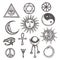 Icons and symbols of white magic, occult, mystic, esoteric, masons Eye of Providence. Hand drawn alchemy, religion