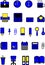 Icons on the theme of office, color, black, blue, yellow, vector illustration