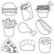 Icons on the topic of fast food in black and white