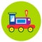 Icons trains of toys in the flat style. Vector image on a round colored background. Element of design, interface