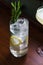 Icy and bubbly gin drink garnished with lemon slices and rosemary