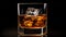 The Icy Charm of Whiskey\\\'s Golden Symphony on a black background. Generative AI