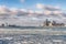 Icy Detroit River, Detroit and Windsor, Ontario skylines, Ambassador Bridge