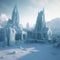 Icy frozen city, ancient buildings with towers covered with snow and ice, fantastic landscape,