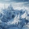 Icy frozen city, ancient buildings with towers covered with snow and ice, fantastic landscape,